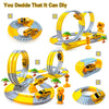 A set of flexible dinosaur race track toys featuring electric cars and various track components.