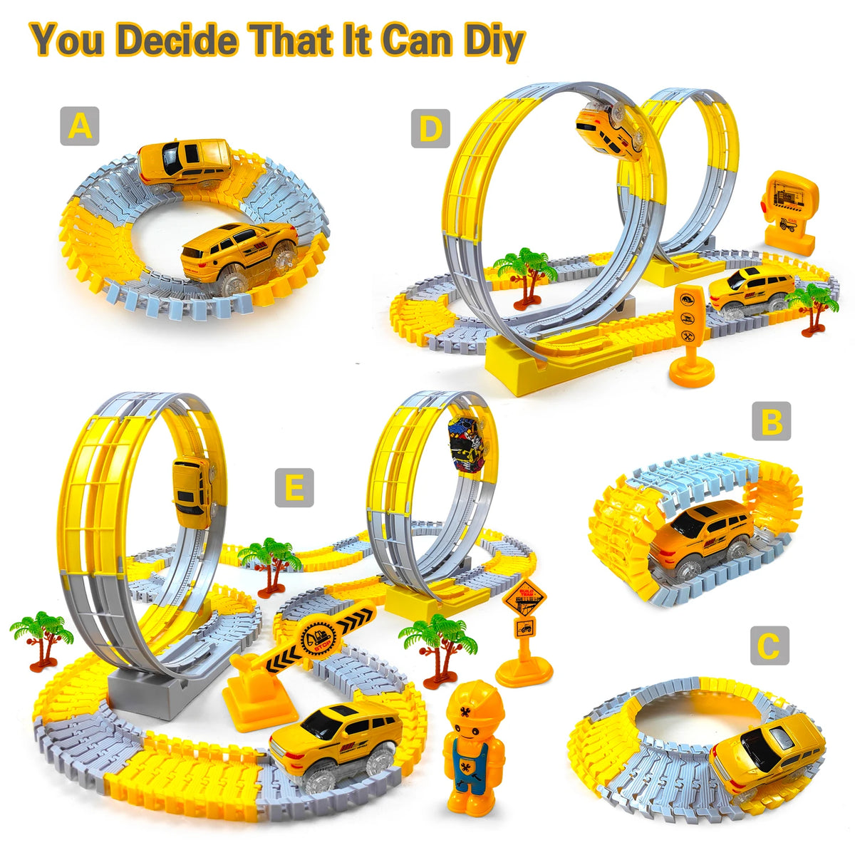 A set of flexible dinosaur race track toys featuring electric cars and various track components.