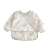 A white full-sleeve waterproof baby bib featuring a cute cartoon animal design.