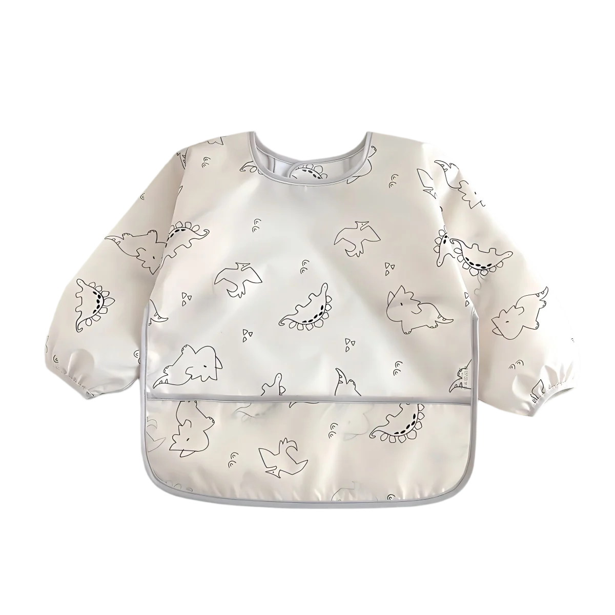 A white full-sleeve waterproof baby bib featuring a cute cartoon animal design.
