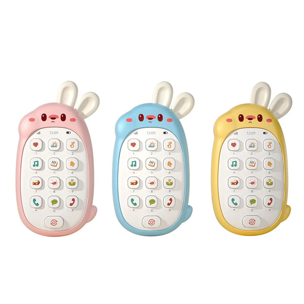 Three interactive rabbit-shaped toy phones in pink, blue, and yellow for early learning