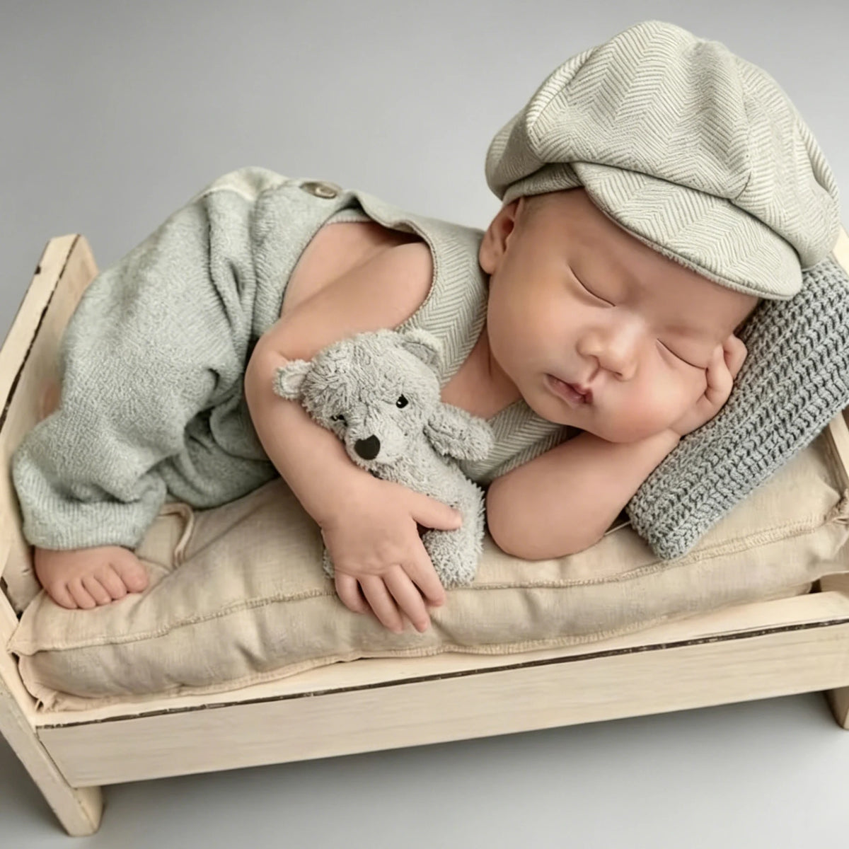 A newborn baby is sleeping wearing a light gray knit romper and a matching newsboy cap, resting in a wooden cradle.