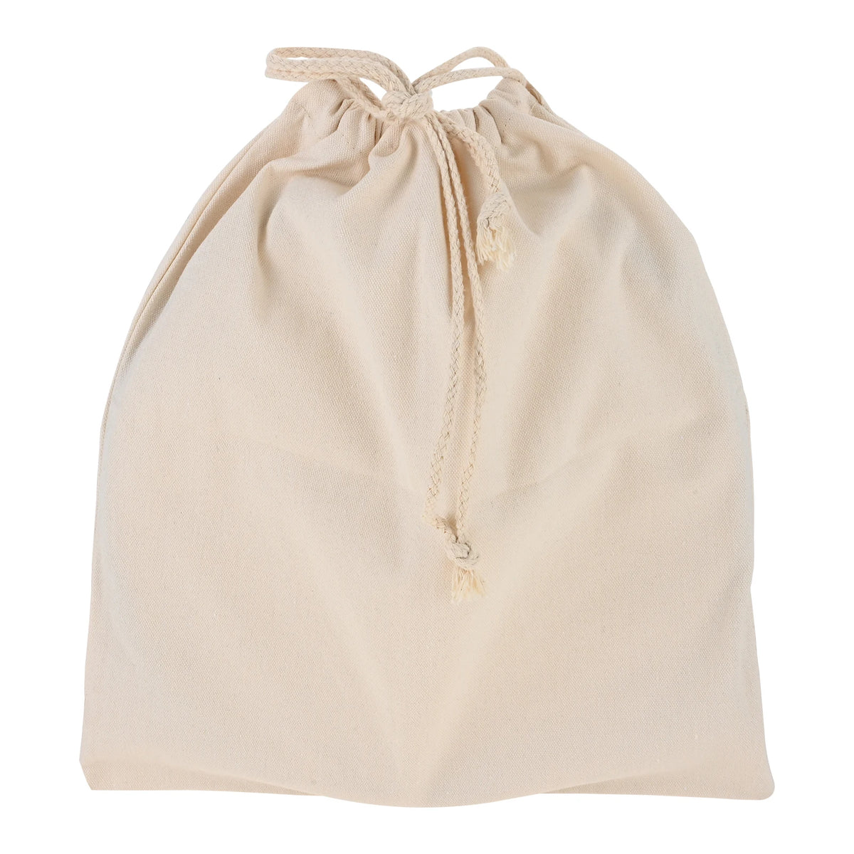 A light beige fabric carry bag with a drawstring closure.