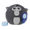 A dark gray gorilla plush toy with a silver face and a blue ribbon featuring the text I WAS THERE