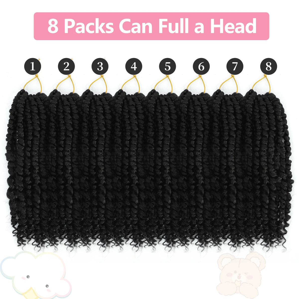 A bundle of black pre-looped passion twist crochet hair, packaged in 8 packs.