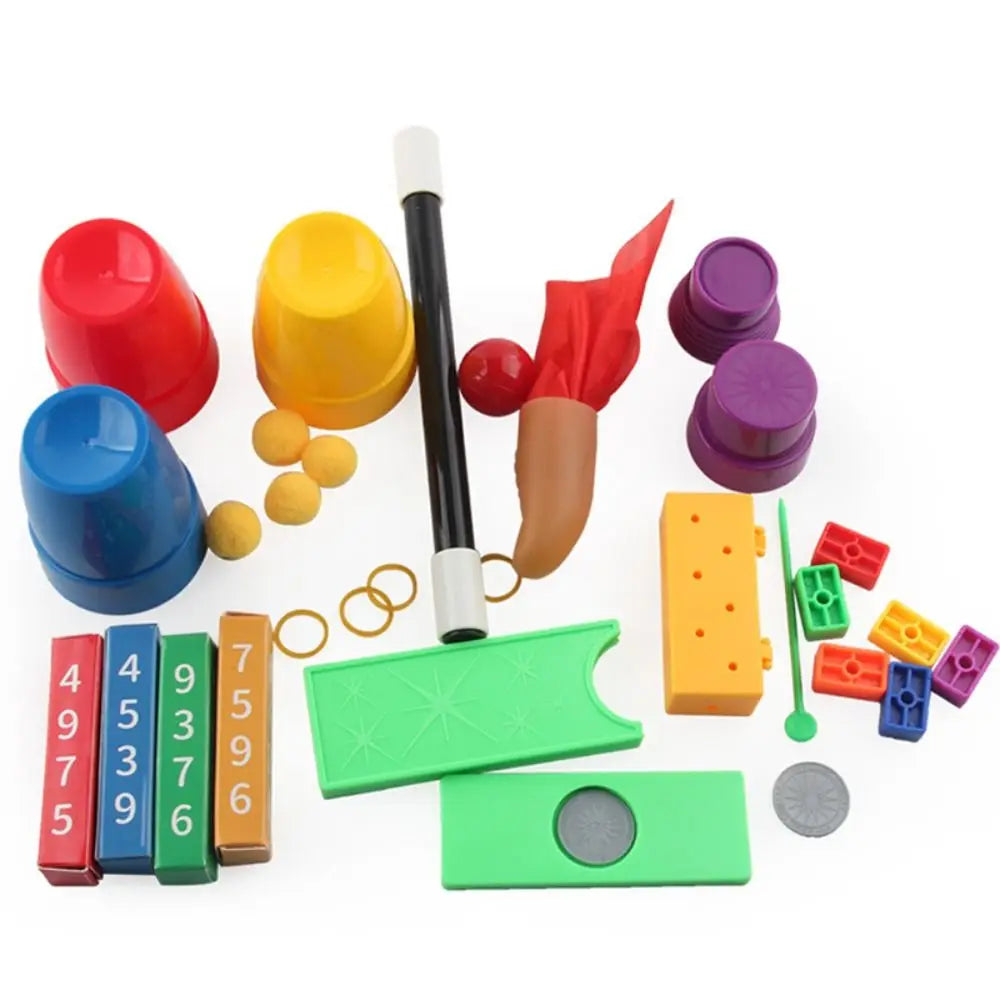 A colorful beginner magic kit for kids featuring various props and an instruction manual.