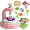 A pink fabric flower bouquet DIY craft kit for kids showing various floral components and a pink press tool.