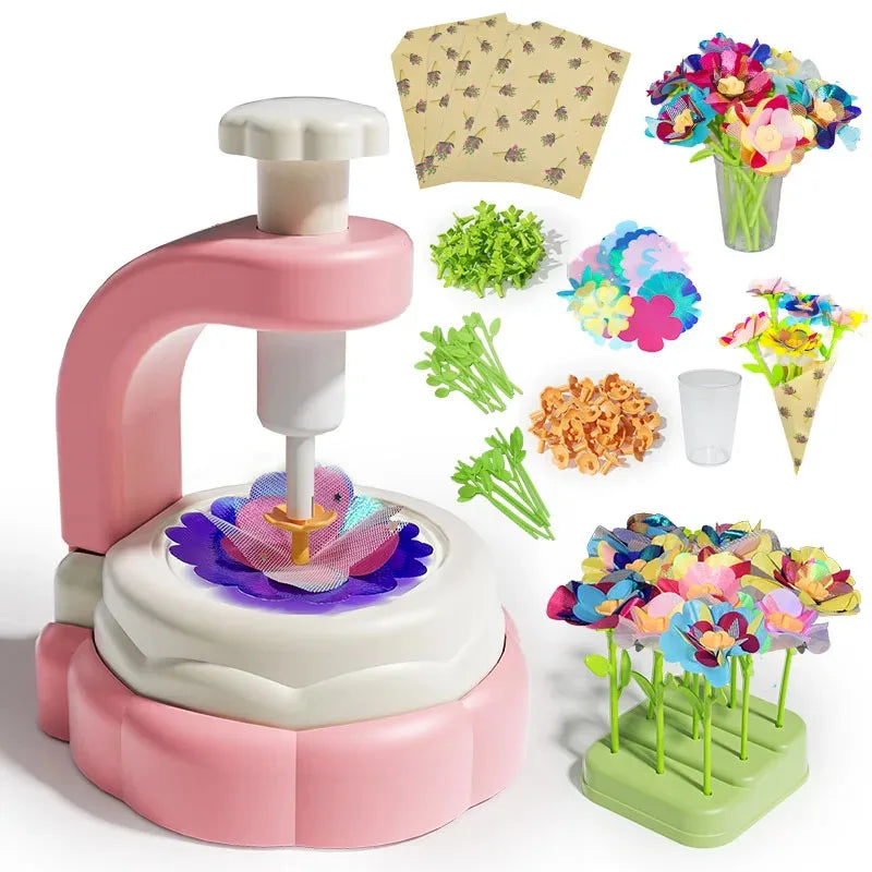 A pink fabric flower bouquet DIY craft kit for kids showing various floral components and a pink press tool.