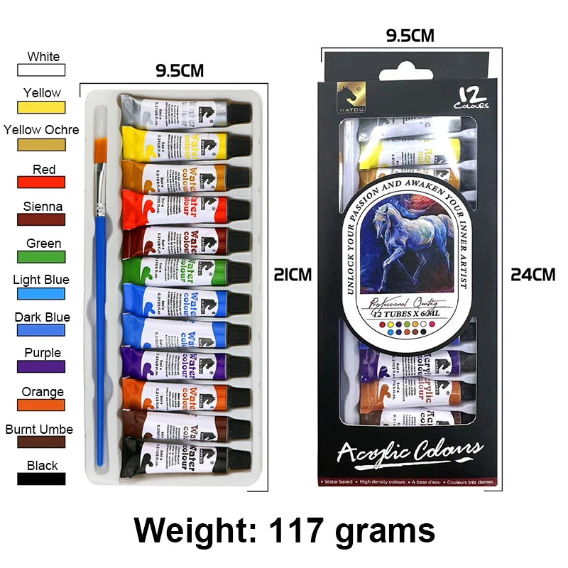 A set of 12 acrylic colors including yellow, red, green, blue, and black paints packaged for art projects.