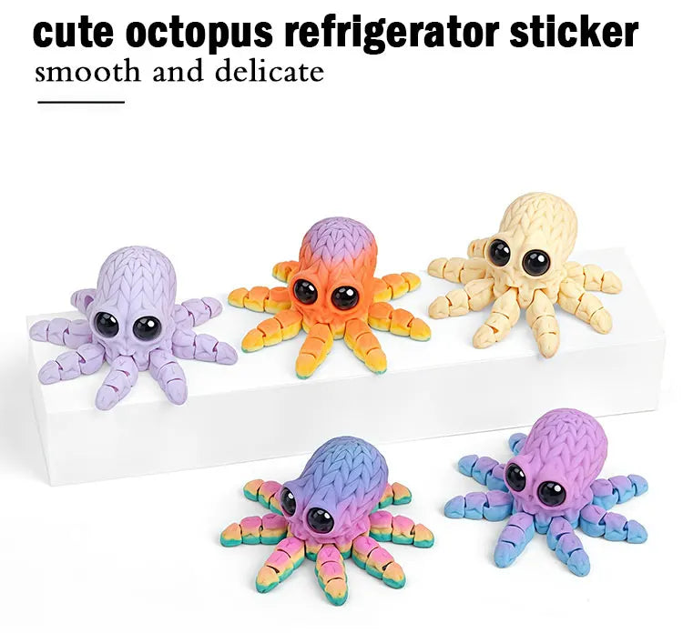Cute octopus refrigerator stickers in purple and orange colors displayed on a white surface.