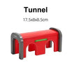 A red tunnel accessory set with black trim and an arched opening for creative railway play.