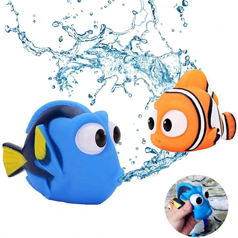 A blue rubber fish toy is shown splashing water, with another orange and white fish visible nearby.