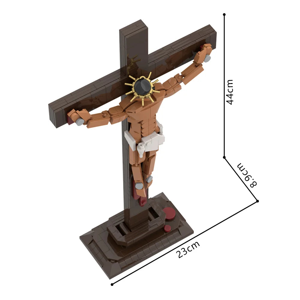 A brown Jesus Crucifixion model built from building blocks, featuring a cross and figure.