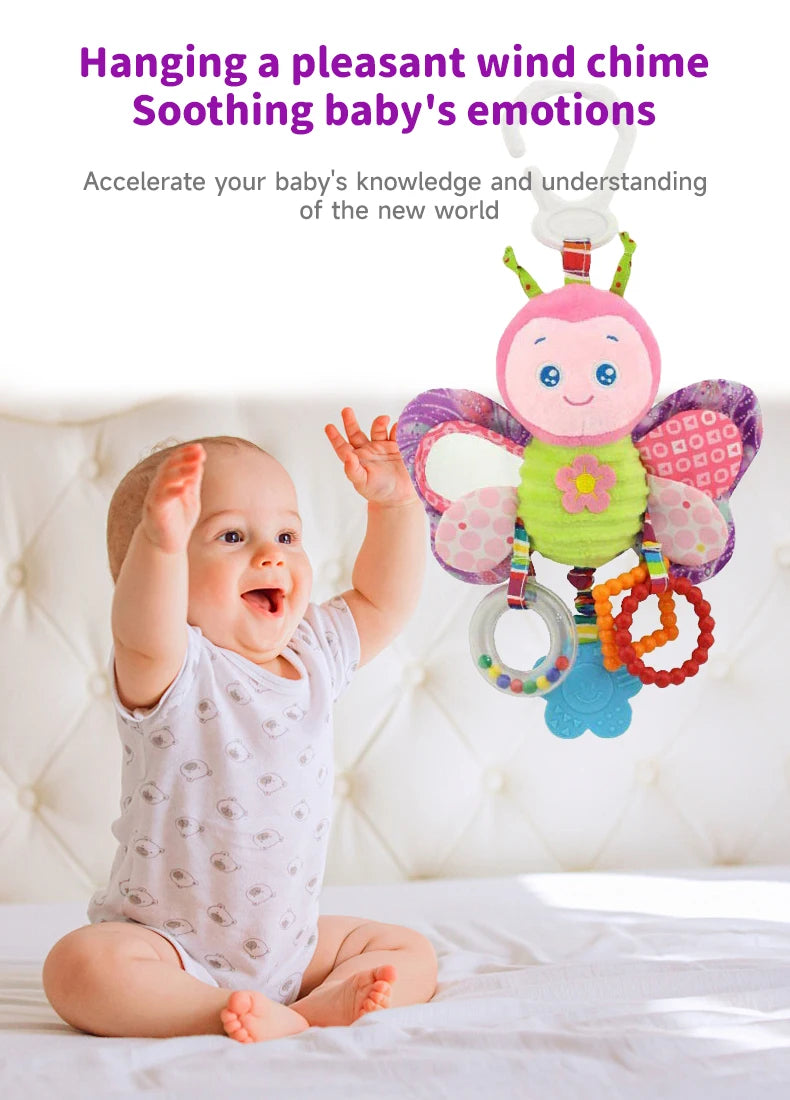 Soft Hanging Baby Rattle with Sensory Cartoon Plush Toy for Stroller and Crib