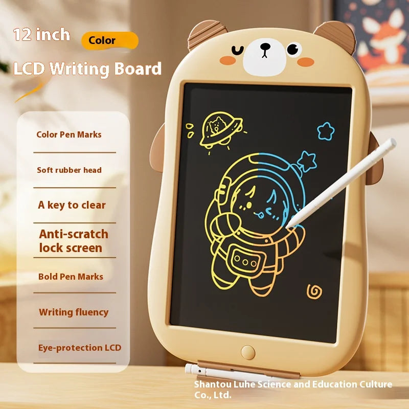 A light brown teddy bear shaped LCD writing board with a screen displaying yellow handwriting practice.
