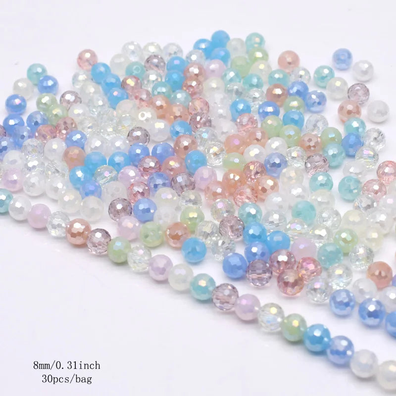 Faceted Round Crystal Glass Beads - 8mm Mixed Colors, 30-Pack