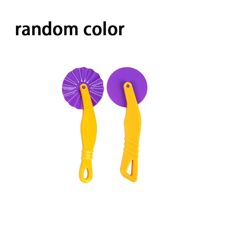 A set of two colorful play dough tools, one purple and one yellow.