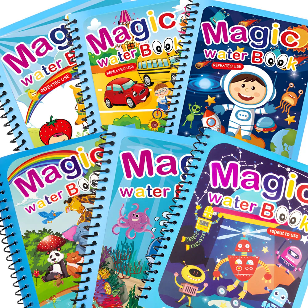 A collection of colorful Magic Water Books featuring dinosaurs and animals for kids.