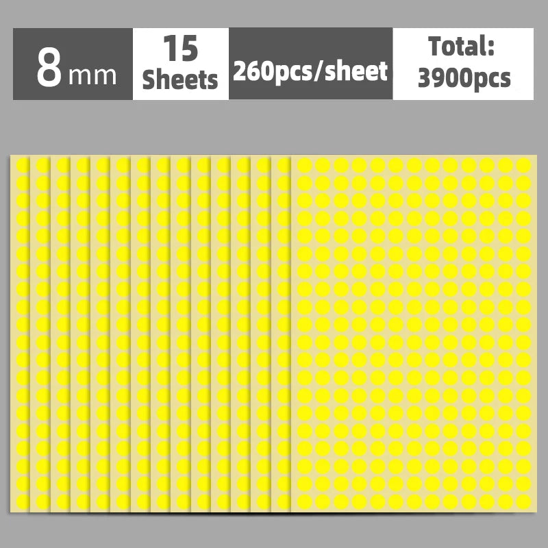 A sheet of yellow round self-adhesive dot labels, with 15 sheets totaling 3900 pieces.