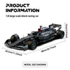 A black 1:8 scale block racing car model showing its dimensions and features.
