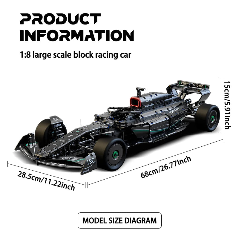 A black 1:8 scale block racing car model showing its dimensions and features.