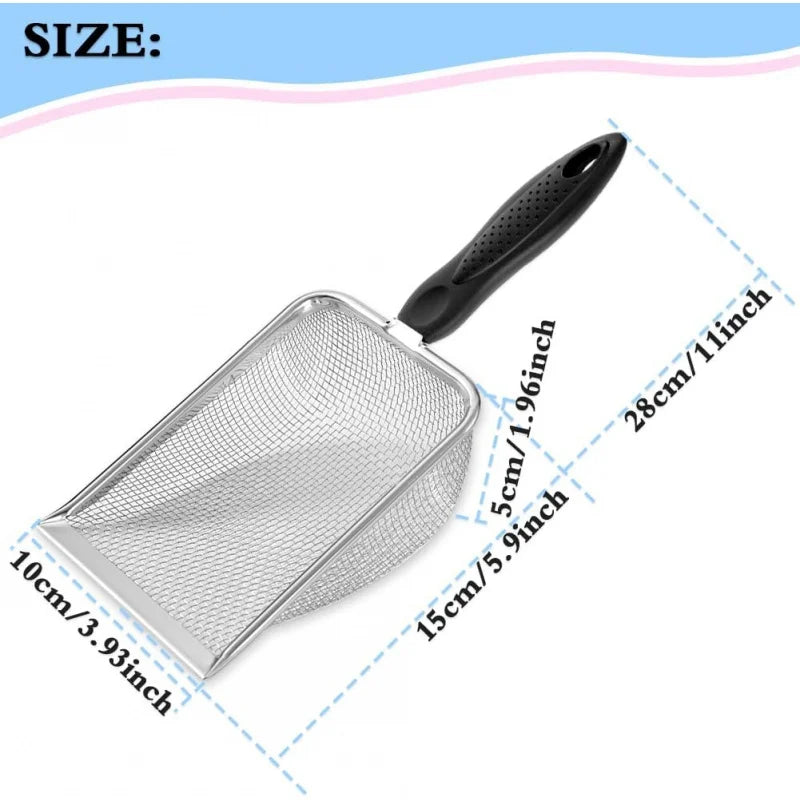 Silver mesh beach sand scoop with a black handle and size measurements