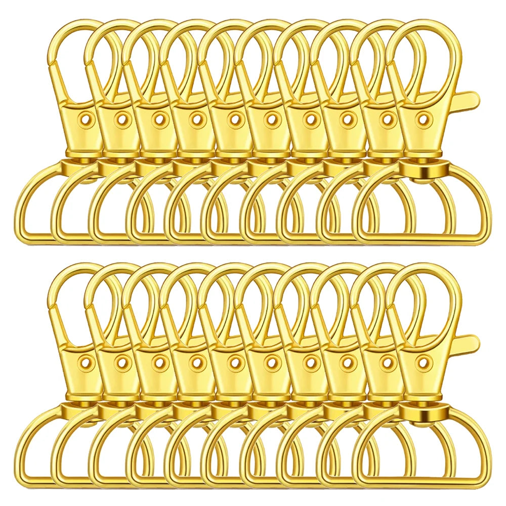 A pack of 30 gold-colored swivel snap hooks with D-rings for keychains and craft projects.