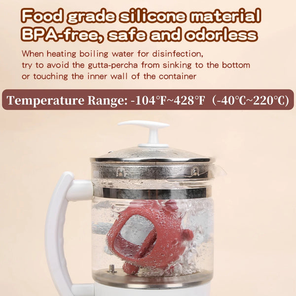 A clear silicone bear teether is shown inside a white electric bottle or sterilizer container.