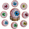 A set of nine round diamond art coasters featuring various eye designs in red, blue, green, and yellow.