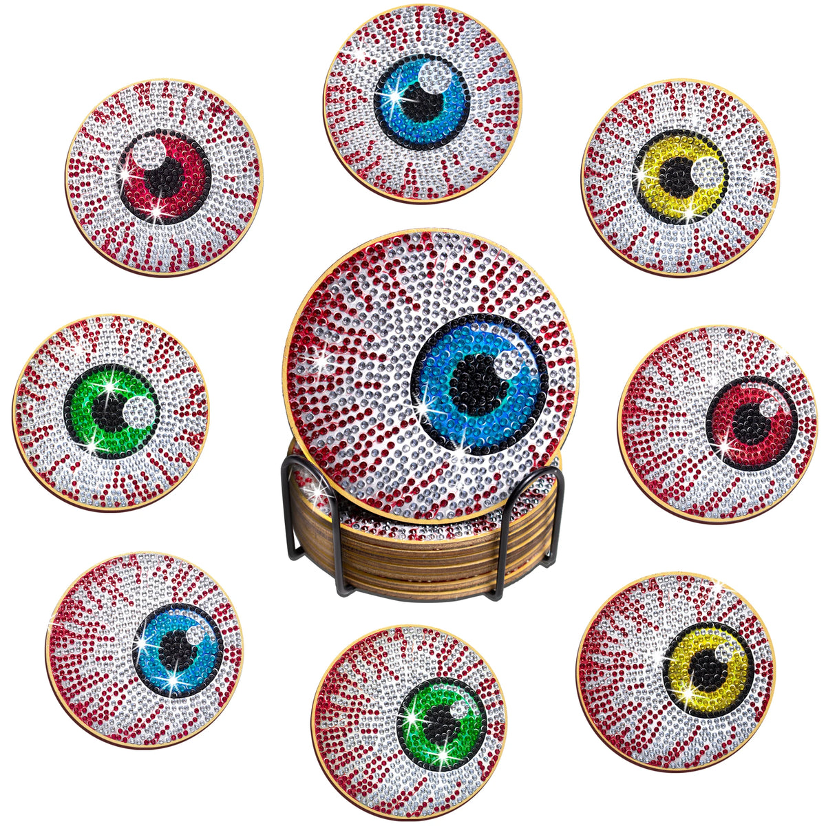 A set of nine round diamond art coasters featuring various eye designs in red, blue, green, and yellow.