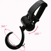 Black rotating stroller hooks shown with 360 and 180 degree rotation capabilities