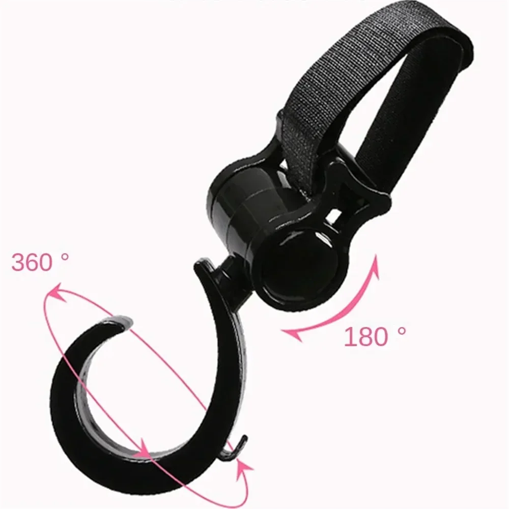 Black rotating stroller hooks shown with 360 and 180 degree rotation capabilities