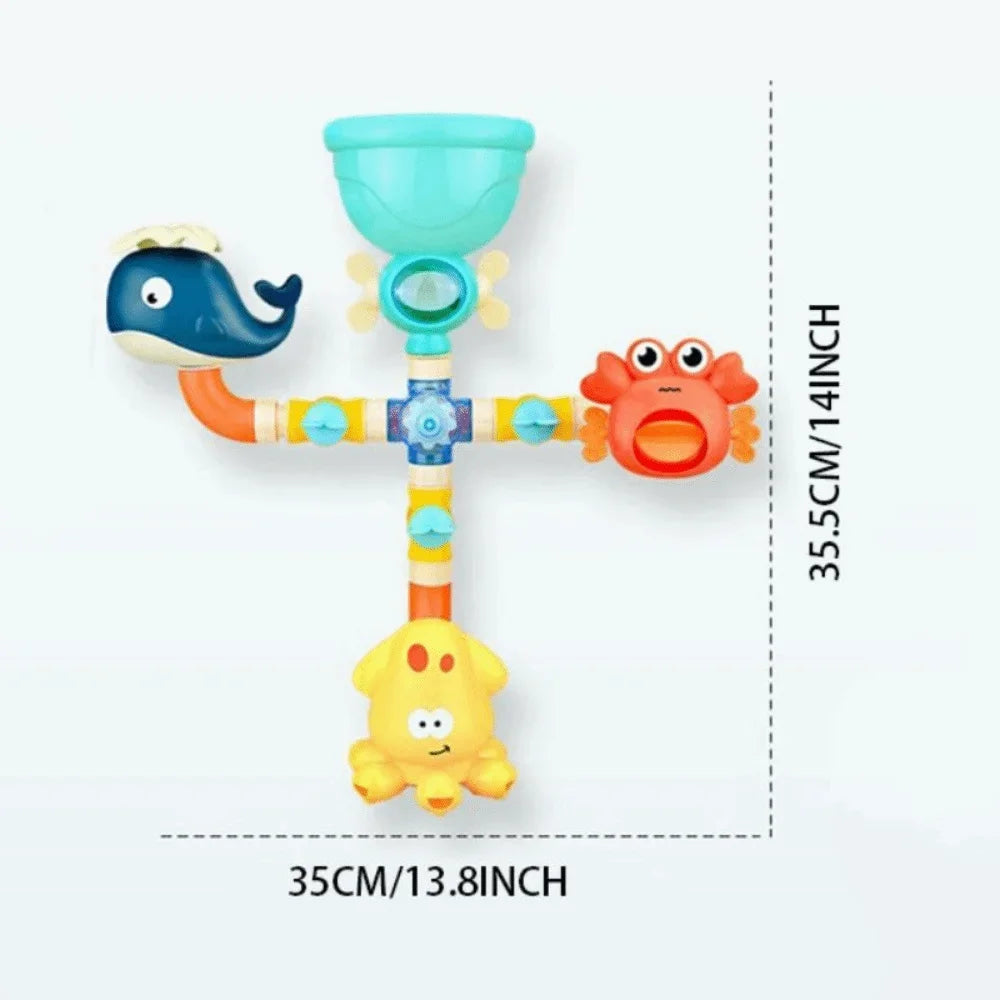 A colorful suction cup water spinner bath toy set featuring a blue elephant, an orange frog, and a yellow duck.