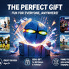 A blue magic deformation flying saucer ball toy is shown exploding with light and streamers, presented as a perfect gift for 
