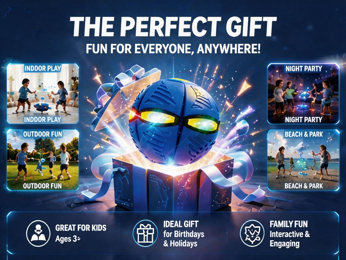 A blue magic deformation flying saucer ball toy is shown exploding with light and streamers, presented as a perfect gift for 