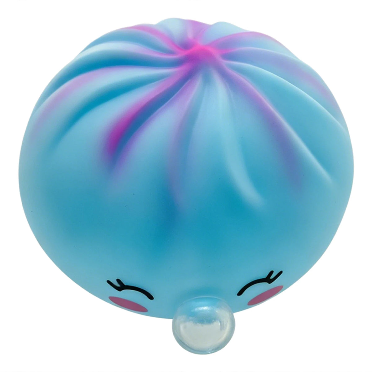 A light blue squishy toy shaped like a dumpling with pink accents and closed eyes.