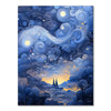 A diamond painting depicting a night starry sky with swirling clouds and a bright golden light below.