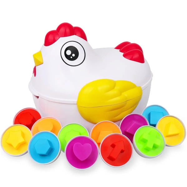 A white egg sorter toy with colorful plastic parts shaped like an egg and surrounding pieces for toddlers