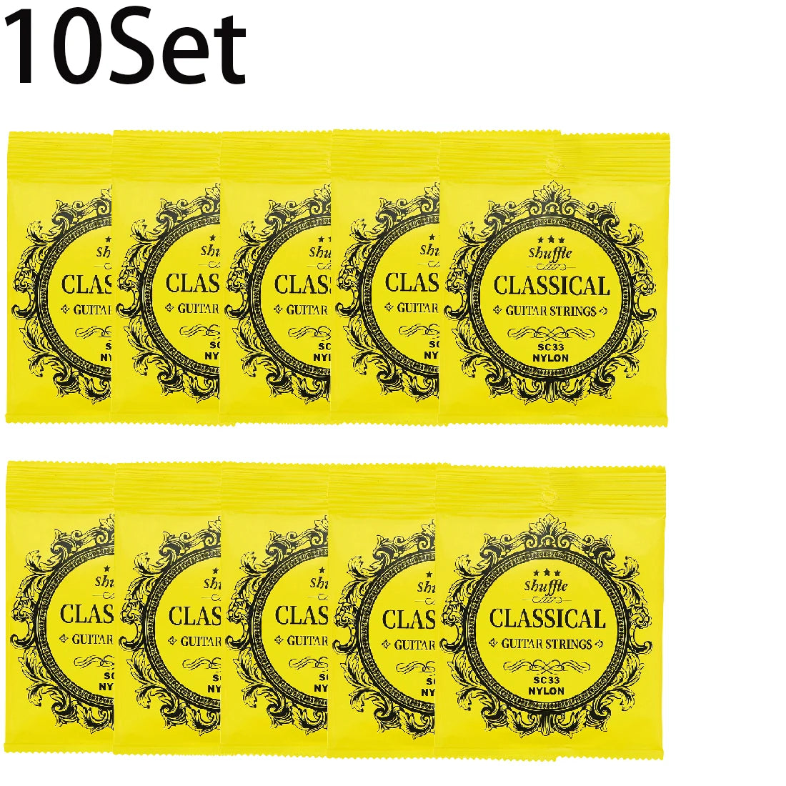 A set of 10 packs of classical guitar strings in clear nylon and silver-plated copper wound