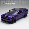 A purple diecast model of a Dodge Challenger SRT Hellcat with black racing stripes.