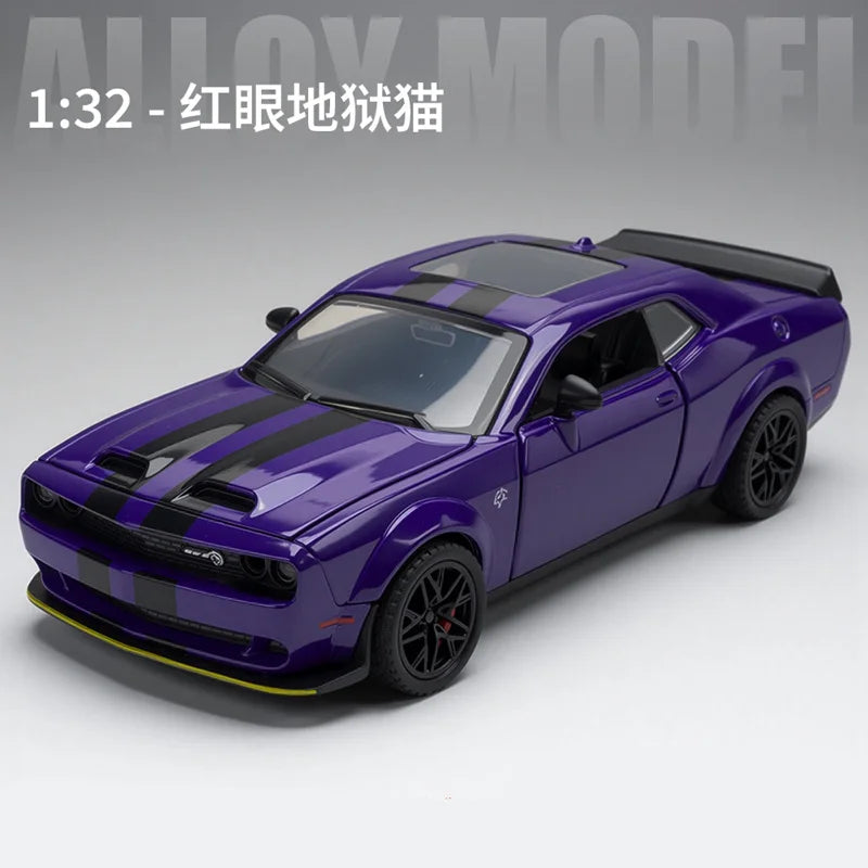 A purple diecast model of a Dodge Challenger SRT Hellcat with black racing stripes.