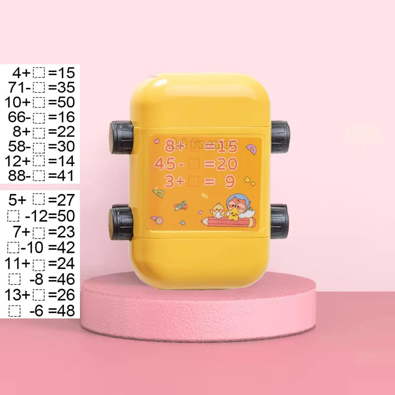 A yellow roller stamp for math practice showing various addition and subtraction problems.