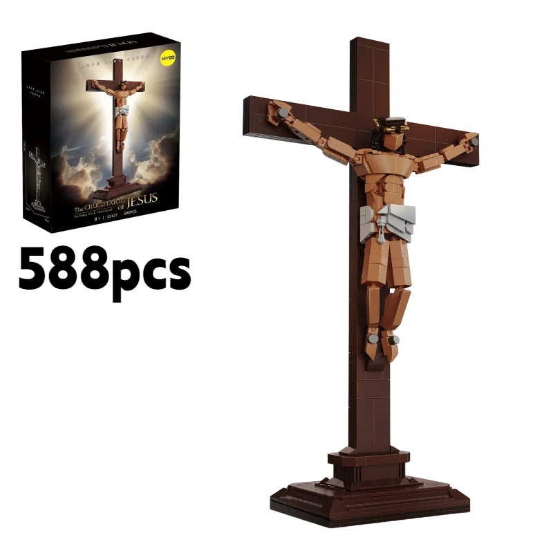 A brown wooden crucifix model built from 588 precision building blocks.