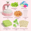 A craft kit showing an embossing machine, flower cores, and various paper elements for making a fabric flower bouquet.