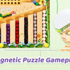 A wooden magnetic maze puzzle board showing colored beads arranged in vertical rows for a color and number learning game.