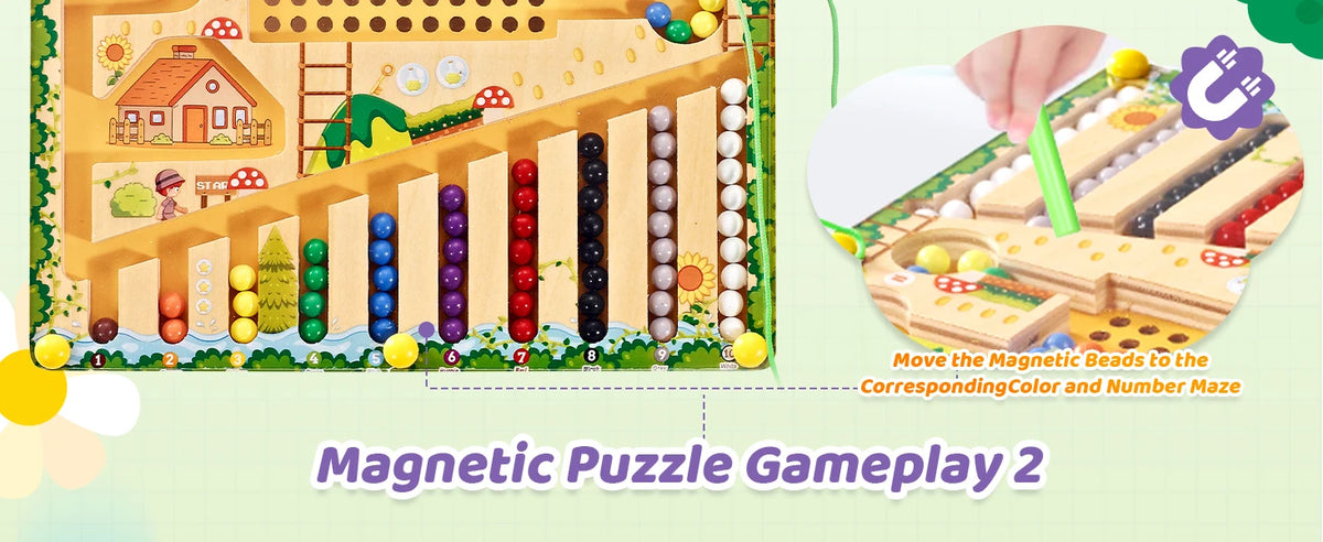 A wooden magnetic maze puzzle board showing colored beads arranged in vertical rows for a color and number learning game.