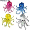 Four colorful octopus stress relief squishy toys in pink, blue, yellow, and silver.