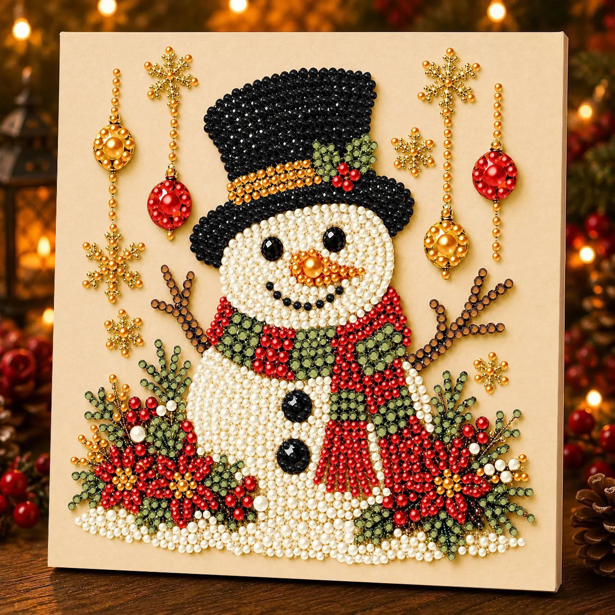 A detailed painting of a smiling snowman made of white pearls and jewels, framed for home decor.