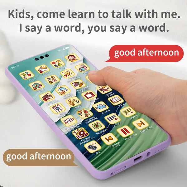 A hand holds a purple interactive kids educational talking phone displaying various learning icons.