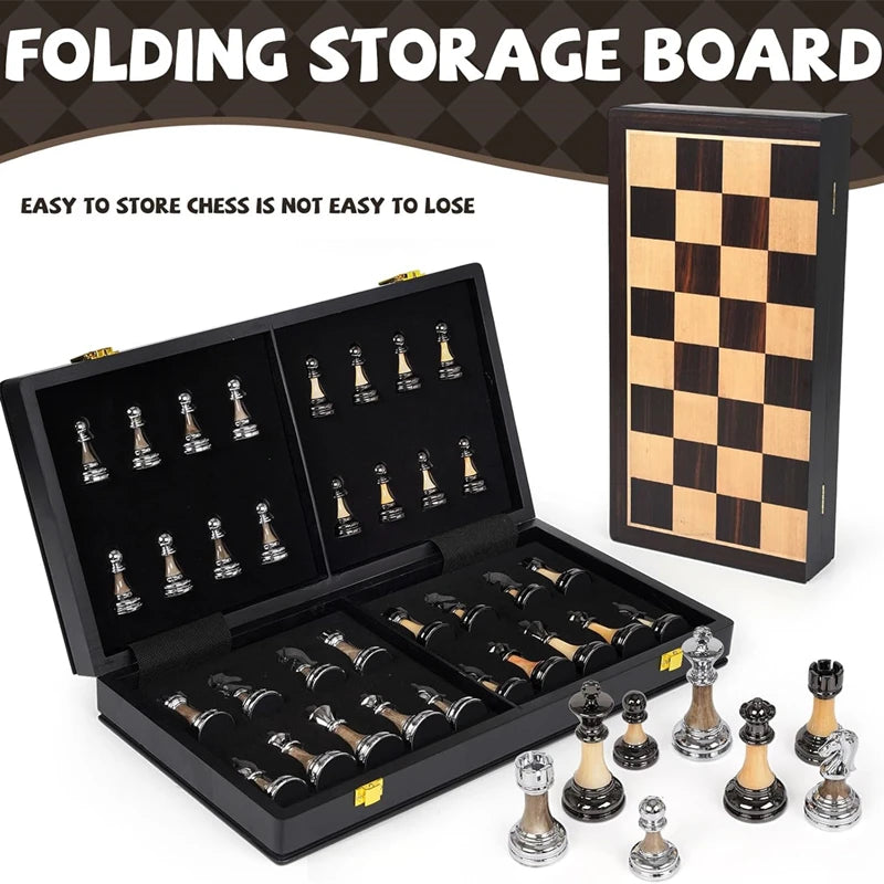 A folding storage board for chess pieces shown with an open wooden box displaying various chess pieces.